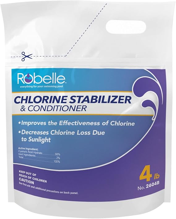 Robelle 4-Pounds Premium Chlorine Stabilizer and Conditioner | Concentrated Cyanuric Acid for Pools, Pool Stabilizer, Helps Chlorine Last Longer, 6 oz raises CYA 10 ppm per 5,000 gallons
