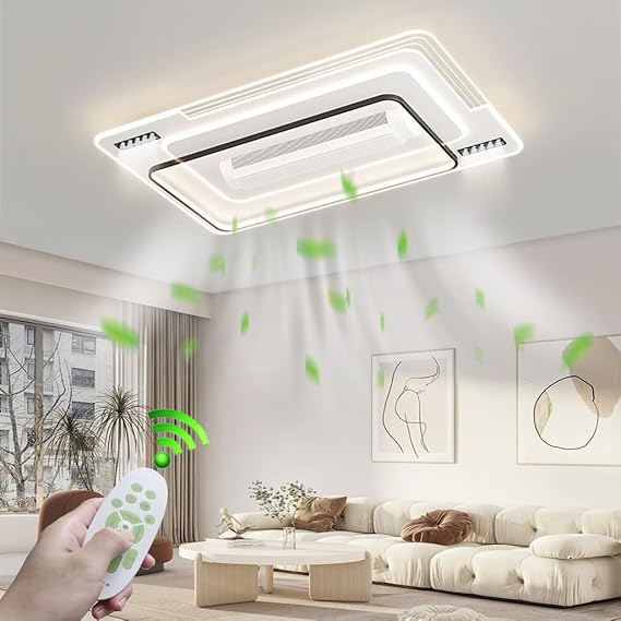 Bladeless Large square Ceiling Fan with Lights and Remote Control Flush Mount Modern Ceiling Fans with 6 Speed Fan and Dimmable Lights Frequency Conversion Fan for Indoor Bedroom Living Room
