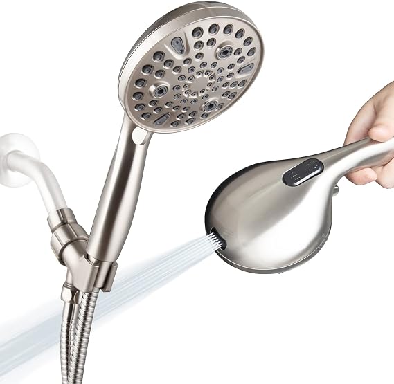 High Pressure Handheld Shower Head with 10 Settings Shower Head 4.7 Inch Removable Shower Head Set with 5 Feet Hose, Adjustable Bracket and Built-in Power Wash for Cleaning Bathtubs, Tiles, Pets - Brushed Nickel