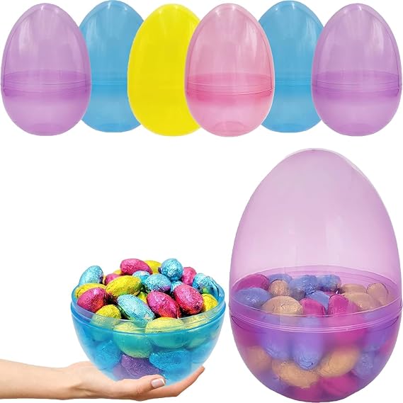 The Dreidel Company 6" Inch Fillable Easter Eggs 6-Pack Jumbo Translucent, Colorful Plastic Jumbo Easter, Stands Upright, Perfect For Egg Hunt