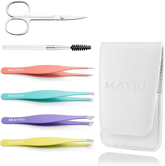 Tweezers for Facial Hair Women 6pcs, Large Size Professional Eyebrow Tweezers Kit for Eyebrow/Ingrown Hairs/Splinter by MAYKI
