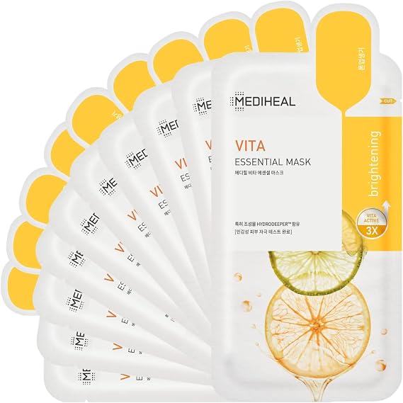 MEDIHEAL, Essential Mask 10 Sheets Vita, Vitamin, Tone Up, Skin Energizing, Brightening, Hypoallergenic