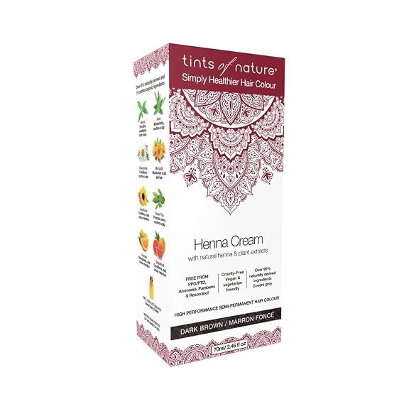 Tints of Nature Dark Brown Henna Cream Hair Colour, Vegan 2.37 oz | Semi-permanent henna cream achieves dark brown tones while conditioning hair, 95% natural ammonia-free is gentle on scalp