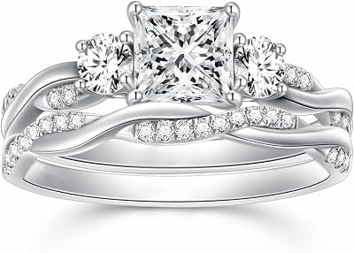 Princess Cut Wedding Ring Sets for Women, 1-12 Caratctw Moissanite Bridal Sets Platinum Plated Silver Engagement Ring Set Twisting Infinity Pave Set