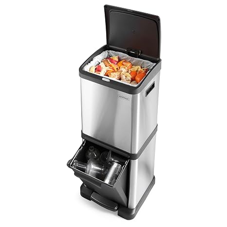 VonHaus Kitchen Bin, 34L Vertical Recycling Bin, Stainless Steel Two Section Food Waste Separation System with Non-Slip Base & Removable Inner-Compartments, Narrow Trash Can, 1x18L & 1x16L
