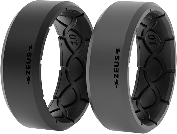 Groove Life Zeus Edge Midnight Black/Deep Stone Grey Silicone Ring Bundle Breathable Rubber Wedding Rings for Men, Lifetime Coverage, Unique Design, Comfort Fit Ring - Size 12