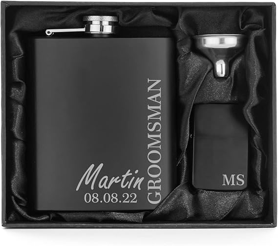 Engraved 7oz Matte Black Stainless Steel Hip Flask Funnel & Lighter Gift Box Custom Personalized Monogram Fancy Corner