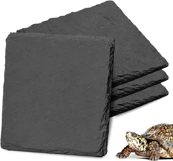 4 Pcs Turtle Basking Platform, Tortoise Rock Plate 10x10cm Natural Rock Tortoise Slate Pad Reptile Habitat Platform and Feeding Tray