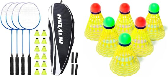 HIRALIY LED Badminton Shuttlecocks, 6 Pack Energy Saving Badmirnton Birdies Glow in The Dark Balls for Practice,Badminton Rackets Set of 4,12 Shuttlecocks, 4 Replacement Grip Tapes, 1 CarryingBag