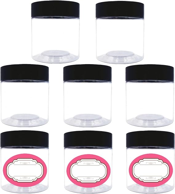 4 oz Plastic Jars with Lids,8 Pack Wide-mouth Clear Storage Containers, Empty Round Clear Plastic Jars with Lids and labels for Body Butter, Bath Salt, Slime and Beauty Products