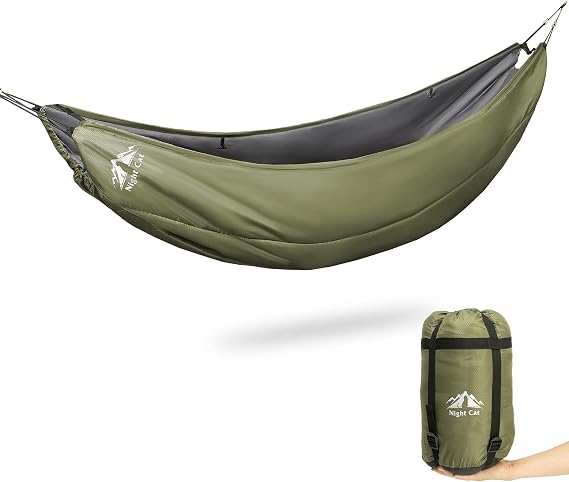 Night Cat Hammock Underquilts Sleeping Bag Single Insulated Under Blanket for Hammock 4 Seasons Lightweight Soft Warm 5-20C 8x3.6ft Army Green