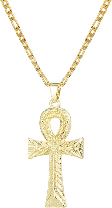 Diamond-Cut Ankh Cross Pendant Necklace for Women Men 14K White Gold Plated 3mm Flat Figaro Chain Egyptian Cross Necklace