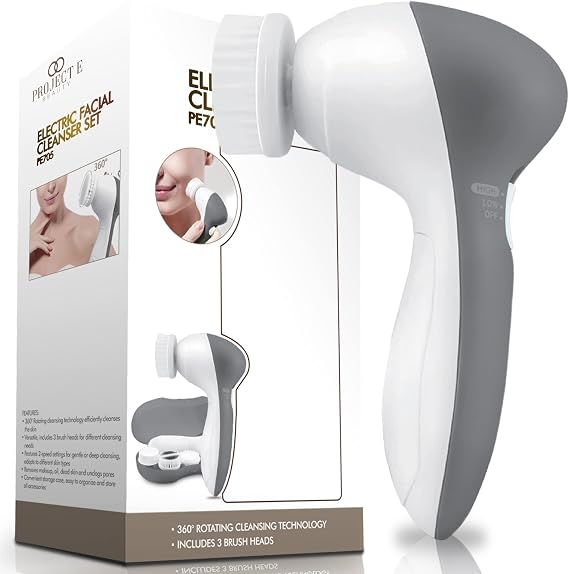 Project E Beauty Portable Electric Facial Brush 360 Rotating Face Cleanser Travel Cleansing Brush Set with 3 Exfoliating Brush Heads for Men & Women Use