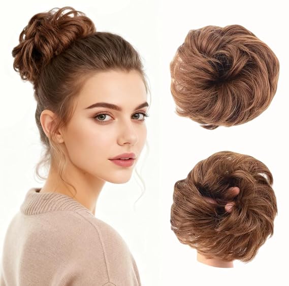 35g Medium-Thick Messy Bun Hair Piece Wavy Curly Synthetic Chignon Scrunchie Ponytail Extension for Women(12# Light Golden Brown)