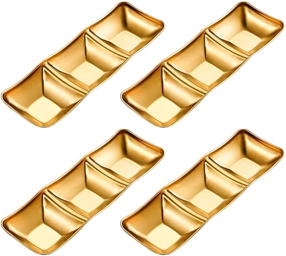 Stainless Steel Side Dishes 4pcs Sauce Dish Bowls Condiments Cup Serving Bowl Set Sushi Dipping Saucers Soy Dipping Bowls for Home Kitchen Restaurant BBQ (Gold, 3 Compartment)