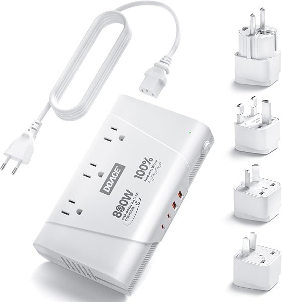 DOACE 800W 220V to 110V Pure Sine Wave Voltage Converter, White | 3 AC Outlets, 2 USB-C & 2 USB-A, European Plug Adapter, For Hair Tools & Phones