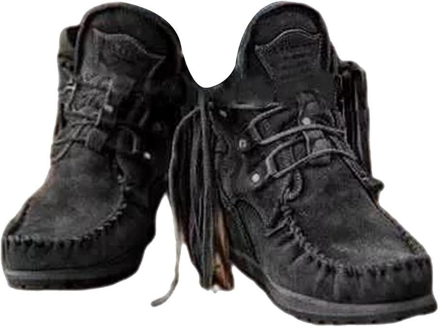 MOYOWEI Women's Vintage Cowboy Fringed Ankle Boots,Lightweight Comfy Suede High Top Round Toe Hippie Moccasin Short Booties