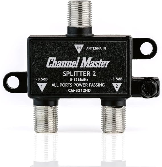 Channel Master Splitter 2 | 2-Way Splitter Distributes Digital HDTV Antenna Signal to 2 TVs, One Input and Two Outputs, Power Passing for Preamplifiers and Boosters, Low-Loss Design, Indoor/Outdoor