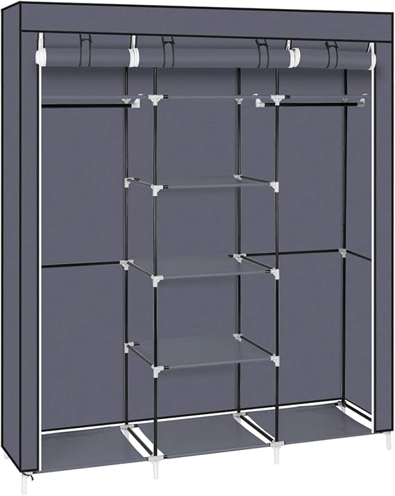 69" Portable Clothes Closet Wardrobe Storage Organizer with Shelves and Non-Woven Fabric Cover for Hanging Clothes, Easy Assembly (Grey)