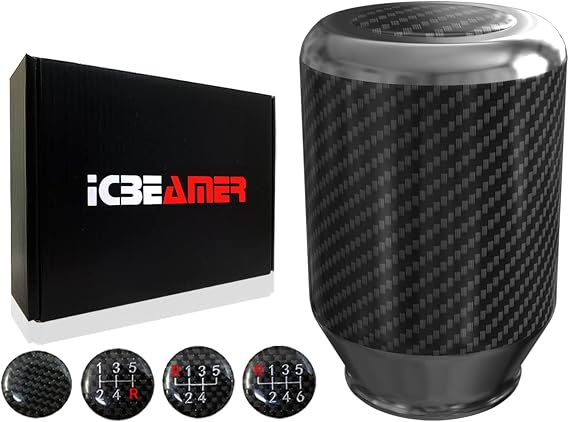 ICBEAMER Silver Aluminum w/ 100% Real Carbon Fiber 2.5" Shift Knob for Buttonless Automatic and 4, 5 and 6 Speed Manual Transmission Vehicles, Carbon Fiber Grip, Black Top and Bottom