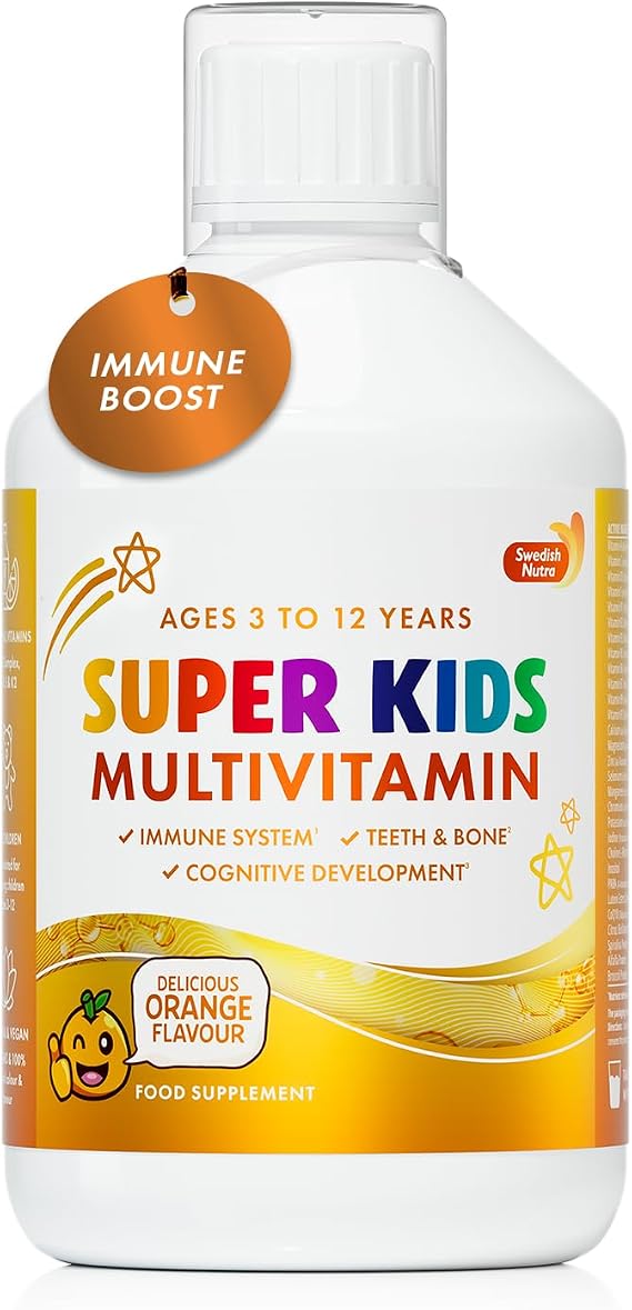 Swedish Nutra - Super Kids Multivitamin Liquid Food Supplement - 500 ml, 33 Day Supply | Vitamins, Minerals & Super Greens to Boost Growth, Energy & Immunity | Natural Orange Flavour | Age 3+