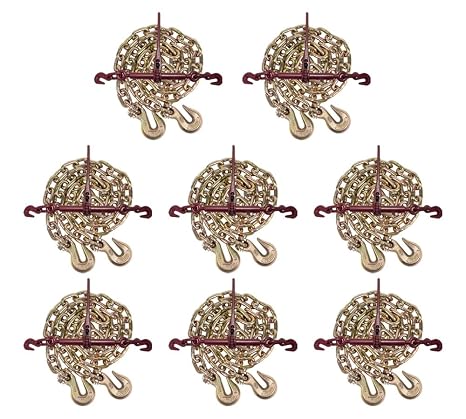 3/8" Grade 70 Chain and Binder Kit | Includes (8) 3/8" - 1/2" Ratchet Load Binder & (8) 3/8" x 20' G70 Transport Chain w/Grab Hooks | 6600 lbs WLL for Flatbed Truck Trailer Tie Down