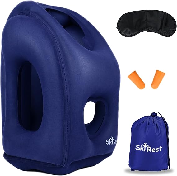 Inflatable Travel Pillow - Neck Pillows for Travel, Travel Pillow for Sleeping Comfortably on Airplanes, Airplane Pillow for Buses, Cars, Office & Trains-Free Eye Mask & Earplugs- Blue, 2 Pack