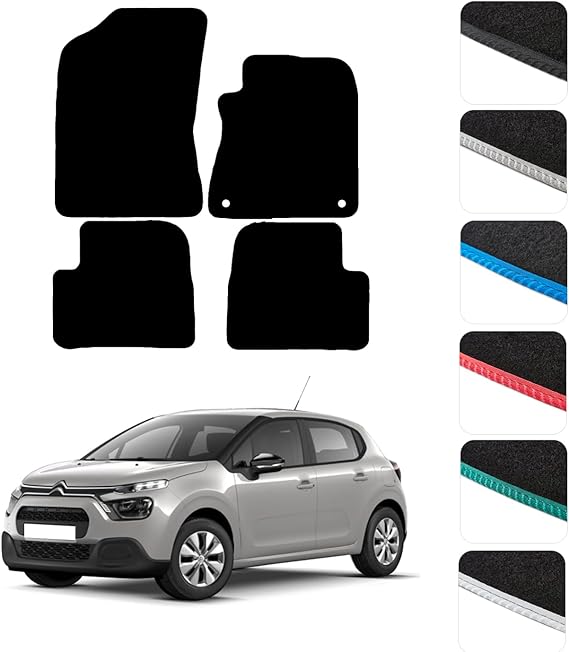 GCM - Car Floor Mats for Citroen C3 2017 To 2024 Full Coverage Floor Protection - Anti Slip & Fit Car Mat with Clips Easy to Clean Car Carpet for All-Weather (Black Edging, Carpet)