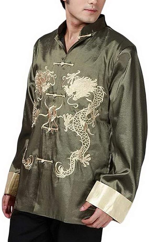 Traditional Chinese Embroidered Silk Kung-Fu Tang Jacket Coat Tai Chi Uniform Double Dragon (Green, Asian XXL = US XL)