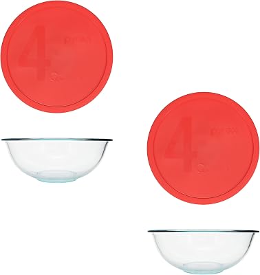 Pyrex 2 326 4qt Glass Mixing Bowls and 2 326-PC 4qt Red Mixing Bowl Lids - Made in USA