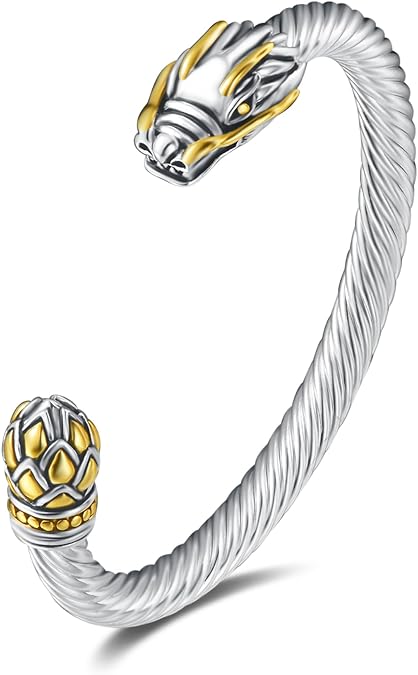 UNY JEWEL Jewelry Chinese Dragon Scale Ball, Dragon Cuff Bangle, Spring Open Two Tone Twisted Cable Vintage Cuff Bangle