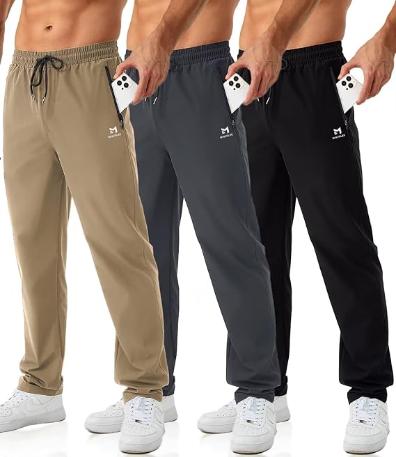 Mens Joggers with Zipper Pockets Open Bottom Sweatpants for Men 3 Pack Lightweight Track Pants Men for Workout,Gym