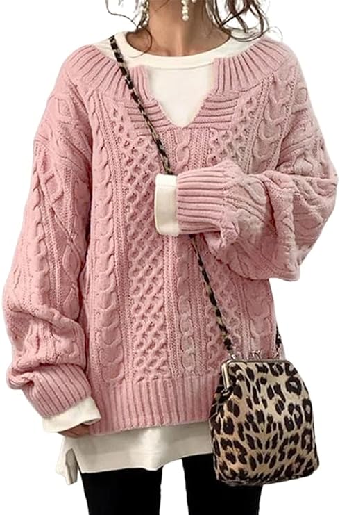 chouyatou Women's Winter Chunky V Neck Long Sleeve Loose Cable Knit Sweater Pullover