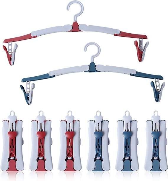 Folding Clothes Hanger, 8 PCS Travel Hangers With Clips, 360 Degree Rotating Hook, Plastic Non-Slip Portable Multi-Purpose for Home Hotel Travel Camping, Blue, Red