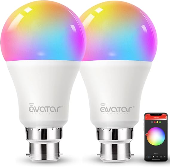 Avatar Controls B22 Smart Bulb, Colour Changing, Alexa & Google, 2 Pack [Energy Class F]