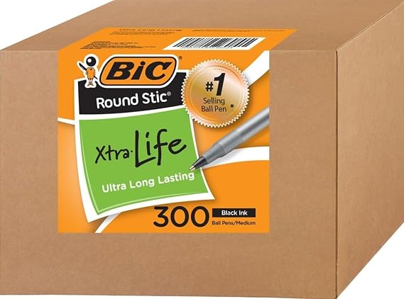 BIC Round Stic Xtra Life Ballpoint Pens, 1mm, Black Ink Pens, 300 Pack | Bulk Pack of 300 Black Pens, Flexible Round Barrel for Writing Comfort, No. 1 Selling Ballpoint Pens