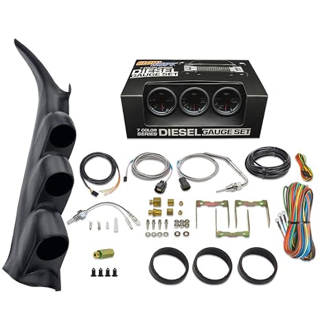 GlowShift Diesel Gauge Package Compatible with Chevrolet Chevy Silverado Duramax 2500 3500 2000-2006 - Tinted 7 Color 60 PSI Boost, 1500F EGT & Transmission Temp Gauges - Graphite Triple Pillar Pod