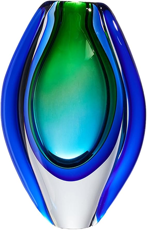 Luxury Lane Hand Blown Sommerso Oval Art Glass Vase for Decor 8.5 inch Tall Centerpiece Table Decoration Emerald Green