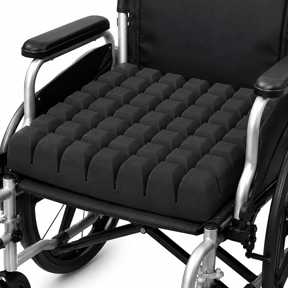 Wheelchair Seat Cushion, Waffle Foam Pad, 18 x 15.7 x 3 in, Black | Firm 30D foam with an open waffle grid for wheelchairs, office chairs, dining chairs, and car seats.