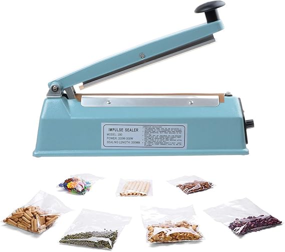 8" (200mm) Impulse Sealer 300w- Manual Plastic Poly Bag Heat Sealing Machine Closer Kit w/Adjustable Timer, Portable with Free Replacement Element Grip and Teflon Tape