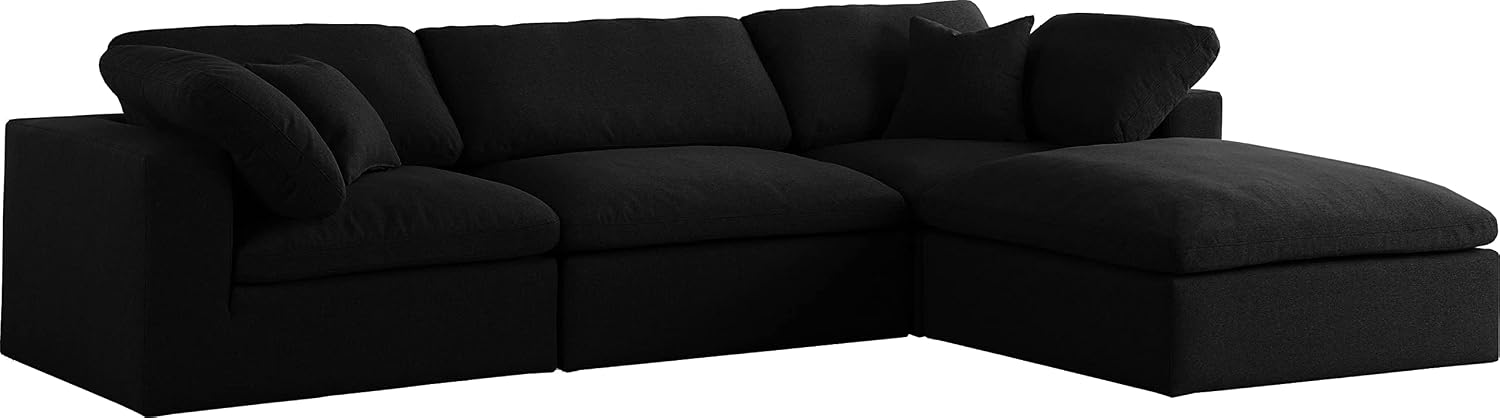 Meridian Furniture Serene Collection Modern | Contemporary Deluxe Comfort Modular Sectional, Soft Linen Textured Fabric, Down Cushions, 2 Corner  1 Armless  1 Ottoman, Black