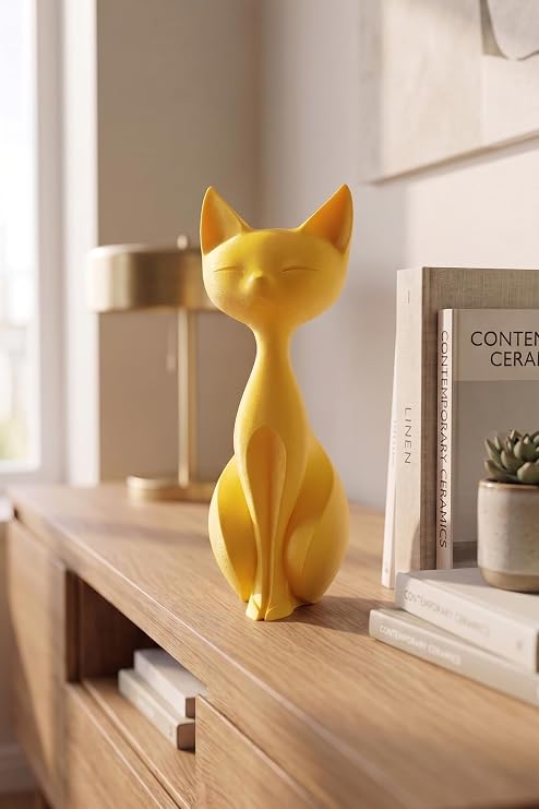 DecoPremium Modern Minimalist Kedi Biblosu - Estetik Seramik Dokulu Dekoratif Obje Ev Salon Aksesuarı Beyaz - 21cm Sarı 21 x 21