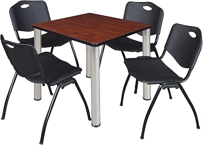 Romig Trek 30 in Square Breakroom Table- Cherry Top, Chrome Legs, 4 M Stack Chairs- Black
