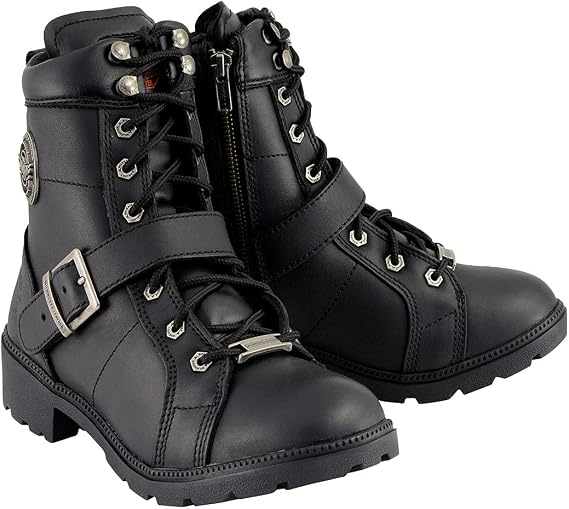 Milwaukee Leather MBL9325W Women's Premium Black Leather Lace-Up Motorcycle Biker Rider Boots in Wide Width Size