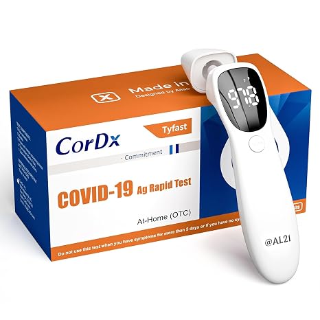 CorDx At Home COVID-19 Rapid Antigen Test Kit (10 Pack) and Infrared Thermometer Bundle, Nasal Swab Self Test with Results in 10 Minutes, Forehead and Ear Digital Thermometer for Home Use