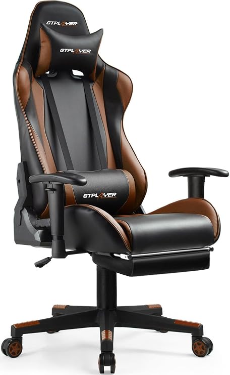 GTPLAYER Gaming Chair, Office Chair, Desk Chair, Gaming Chair, Reclining, PC Chair, High Back, Headrest, Lumbar Support, Armrests, Height Adjustment, PU Leather, with Ottoman GTP002F-BROWN