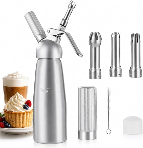 Whipped Cream Dispenser Set, 500 ml/1 Pint Professional Aluminum Cream Whipper with 3 Decorating Nozzles and Small Cleaning Brush for Desserts, Cakes Decoration