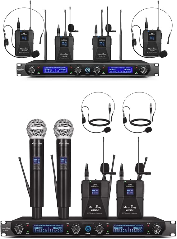 MicrocKing Wireless Microphone System, Cordless Lapel/Headset/Lavalier Mic & 4 Handheld Mics, Metal Build, Fixed Frequency, Long Range 400ft, Ideal for Party/Wedding/Church/Conference/Speech