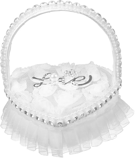 VICASKY Heart Shaped Wedding Ring Bearer Pillow with Handle Romantic White Lace and Pearl Ring Cushion for Wedding Ceremony Elegant Bride Jewelry Box Alternative Satin