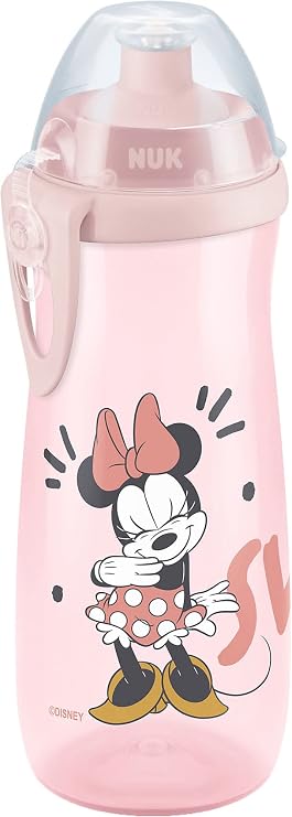 NUK Sports Cup Children's Drinking Bottle 24+ Months Leak-Proof Push-Pull Nozzle Clip and Protective Cap 450 ml Disney Minnie Mouse (Pink)